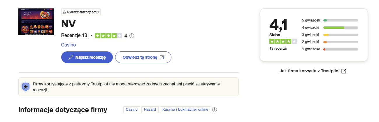 NV Kasyno Trustpilot Opinie